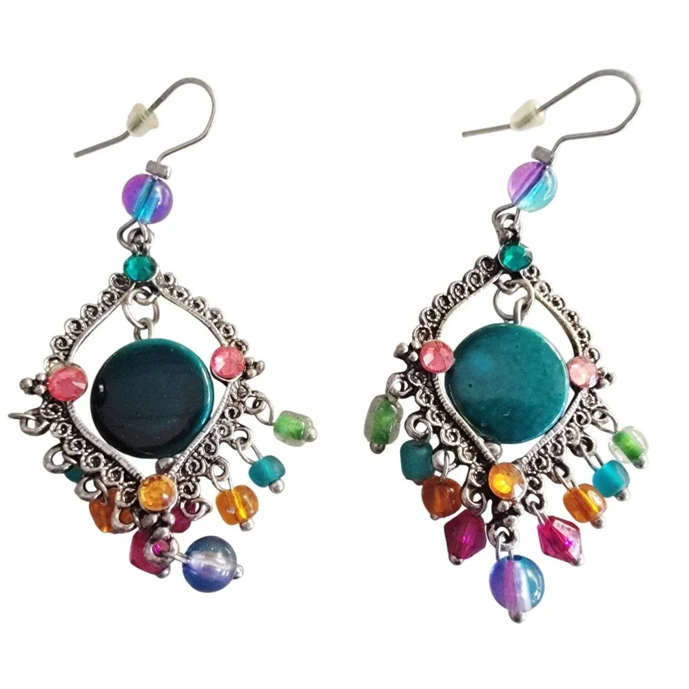 Boho Chic Dangle Earrings‎ Silver Tone Colorful Bead Statement Jewelry